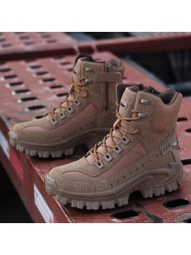 Men's All-Season Heavy-Duty Outdoor Hiking Boots with Thick Sole, Rugged Traction Tread & Muck-Resistant Design - Beige/Tan Mid-Calf Trekking Boots for Camping, Hunting,, (Adjustable, All-Terrain)