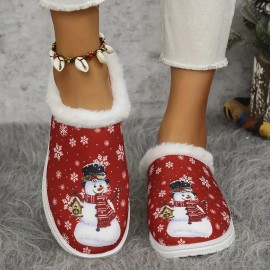 Women's Thickened Plush Slip-On Slippers with Arch Support & Non-Slip Sole - All-Season Indoor House Shoes, Soft EVA & Plush Lining, Winter Warmth, Cushioned Comfort, Blue & White Snowflake & Snowman Design with Heart & Snowflake Patterns - Elegant Winter Home Footwear, Durable PU Sole, Cozy House Shoes for Women, Ideal Christmas Gift (Blue/White/Red) - Slip-Resistant & Arch Support
