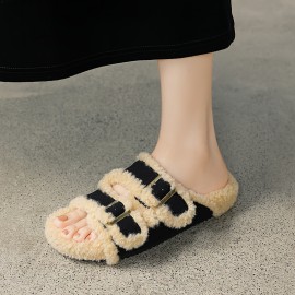 Women'S Plush Fleece Slippers with Adjustable Straps - Soft Indoor House Shoes, Non-Slip Rubber Sole, Cozy Warm Winter Footwear for Home & Office, Black & White Design, Cute Slippers, Indoor Footwear, Stylish Slipon, Durable Traction Footwear, Home Comfort, Minimalist Design, Comfortable Lining, Comfort Seekers