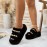 [Plush Slippers] Comfortable Women's Plush Slippers with Thick Sole | Black Faux Fur Slip-Ons, Golden Chain Detail, All-Season Indoor/Outdoor Use, Casual Style, Decorative Chain Detail, House Slippers