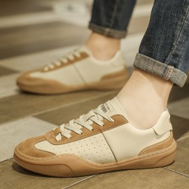 [Breathable Sneakers] Breathable Men's Slip-On Casual Sneakers | Low-Top Brown & White Colorway, PU Upper, Rubber Sole Comfortable Walking Shoes for Casual Attire, Classic Laceup Style | Durable Traction Footwear