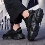 Men's Slip-On Chunky Dad Sneakers - Breathable Mesh & Thick Rubber Sole, Low-Top Casual Shoes with PU/Fabric Upper, Black Versatile Urban Streetwear for Autumn Winter, Comfortable Footwear | Cushioned Support