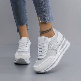 [slope heel thick-soled shoes] Women's casual sneakers | outdoor slope heel, thick-soled, off-road running shoes, female student shoes, all seasons, black, Silvery gray, khaki