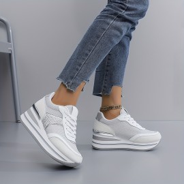 [slope heel thick-soled shoes] Women's casual sneakers | outdoor slope heel, thick-soled, off-road running shoes, female student shoes, all seasons, black, Silvery gray, khaki