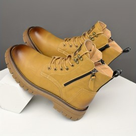 Men's Vintage Work Boots - Upper & Rubber Sole High-Top Ankle Boots with Cushioned Insole, All-Terrain Traction - Brown/Black/Black Toe - All-Season Casual & Formal Boots for Construction, Farm, Casual Attire - Lace-Up Design with PU Lining & Durable Rubber Outsole -  Style for Daily Outings & Outdoor Activities - Versatile & Comfortable for Men, Boots For Men, Shoes For Men