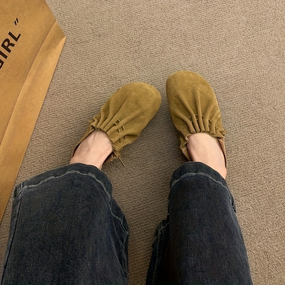 Women's Low Heel Slippers - Flat Closed Toe Summer Sandals with Rubber Cover Upper, Breathable EVA Insole & Non-Slip Rubber Sole, Natural Wrinkle Design Mustard & Brown for Casual Comfort, Everyday Sandals | Lowheel Sandals | Suedelike Upper