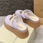 Women'S Summer Platform Closed-Toe Slip-On Shoes, Stylish New Design with Pearl Details, Perfect for Outings.