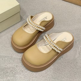 Women'S Summer Platform Closed-Toe Slip-On Shoes, Stylish New Design with Pearl Details, Perfect for Outings.